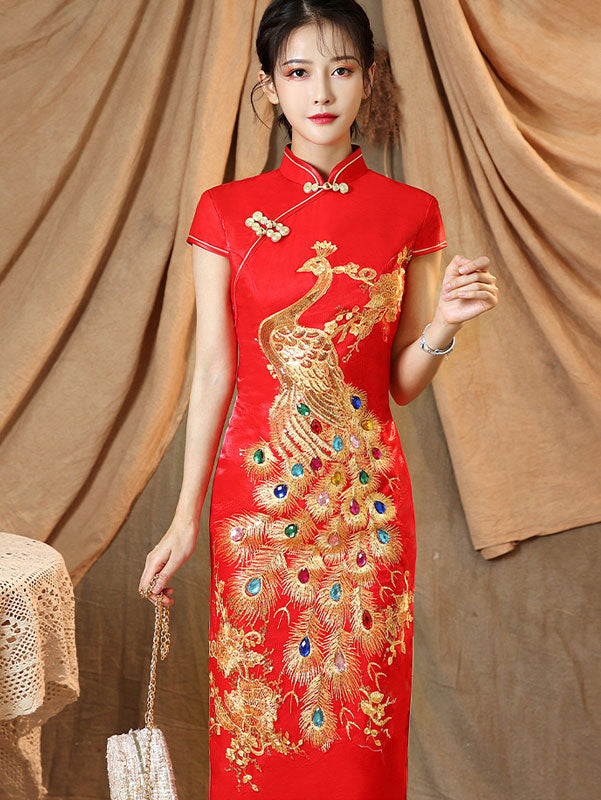 Gold Phoenix Maxi Wedding Cheongsam Qi Pao Dress