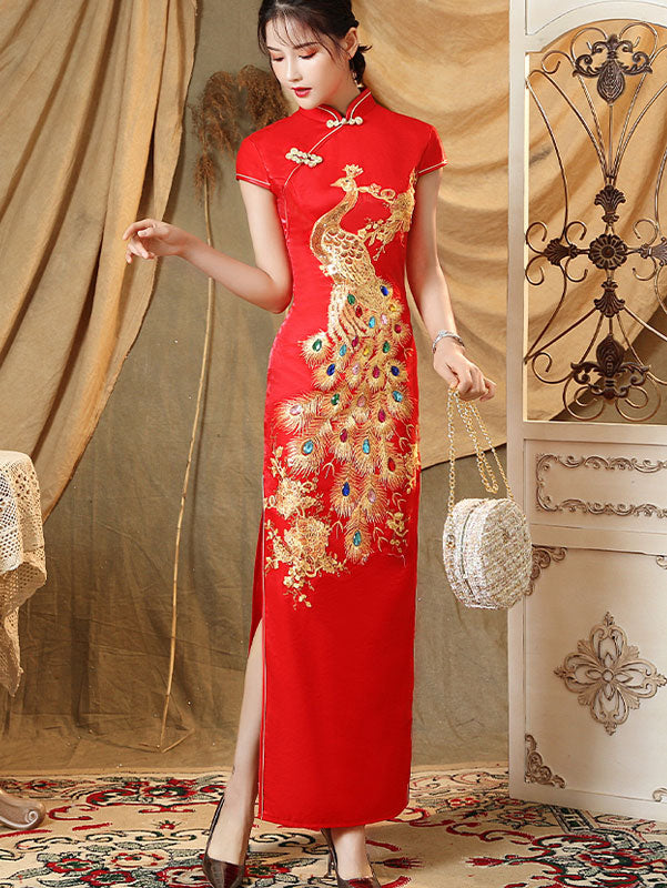Gold Phoenix Maxi Wedding Cheongsam Qi Pao Dress