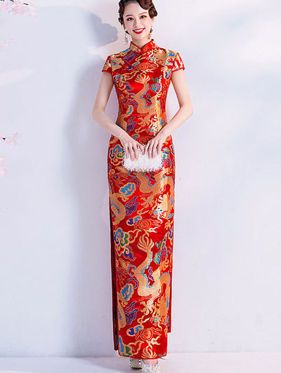 Yellow Red Jacquard Dragon Traditional Cheongsam Qi Pao Dress