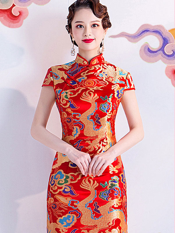 Yellow Red Jacquard Dragon Traditional Cheongsam Qi Pao Dress
