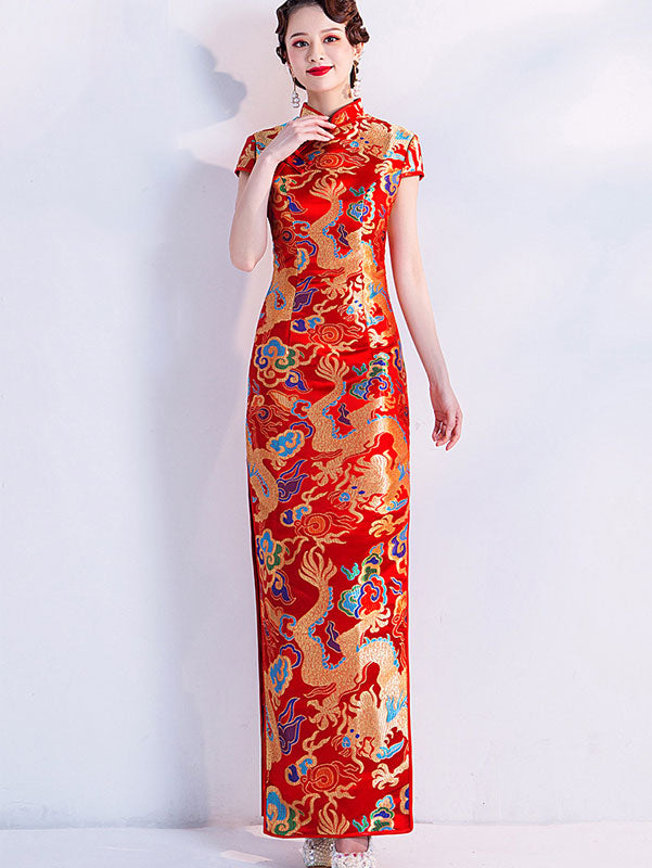 Yellow Red Jacquard Dragon Traditional Cheongsam Qi Pao Dress