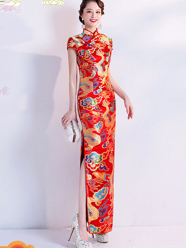 Yellow Red Jacquard Dragon Traditional Cheongsam Qi Pao Dress