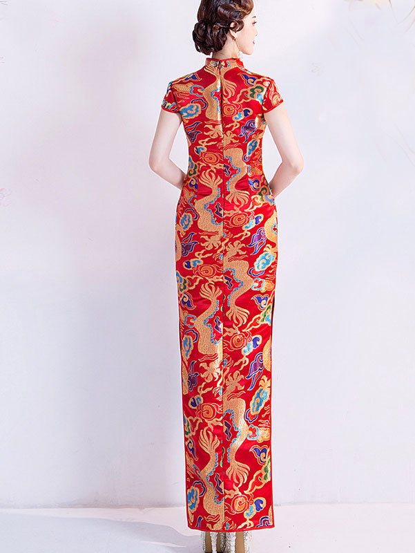 Yellow Red Jacquard Dragon Traditional Cheongsam Qi Pao Dress
