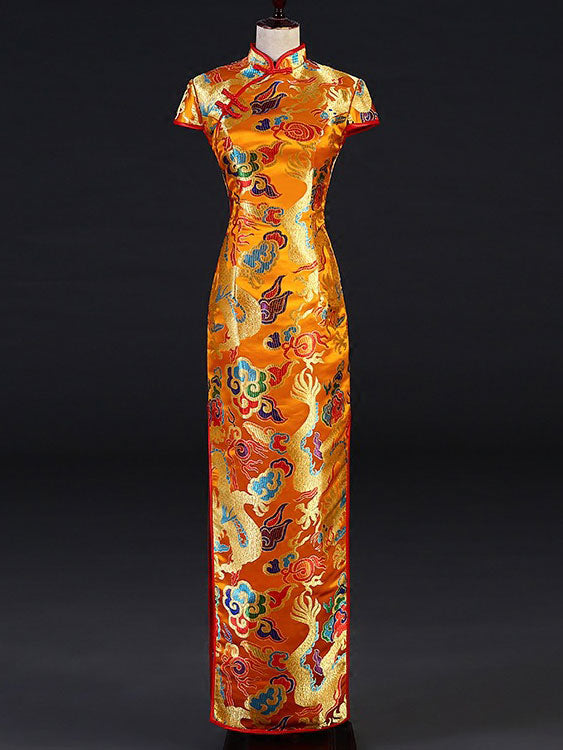 Yellow Red Jacquard Dragon Traditional Cheongsam Qi Pao Dress