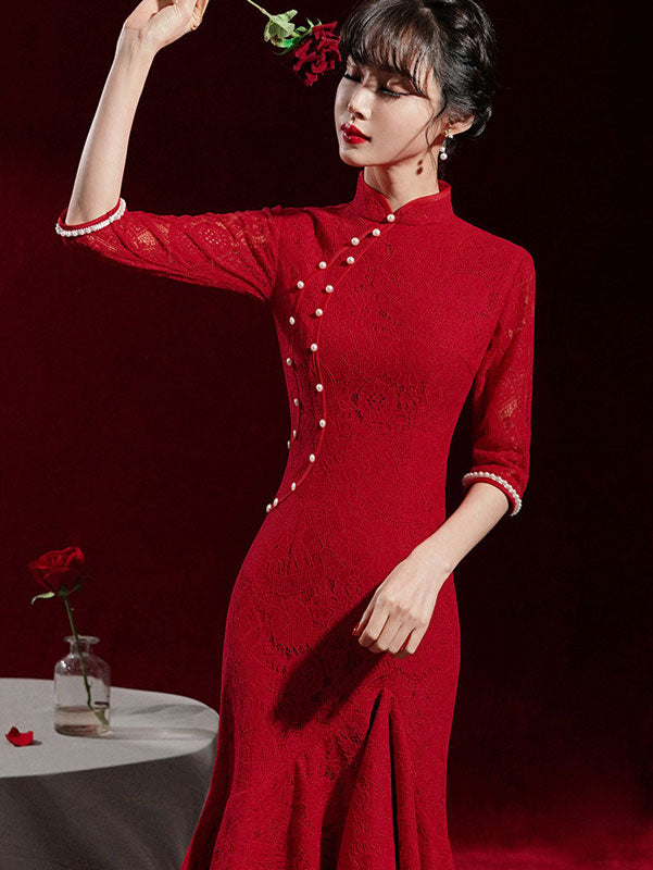 Burgundy Lace Tea Fishtail Wedding Cheongsam Qi Pao Dress