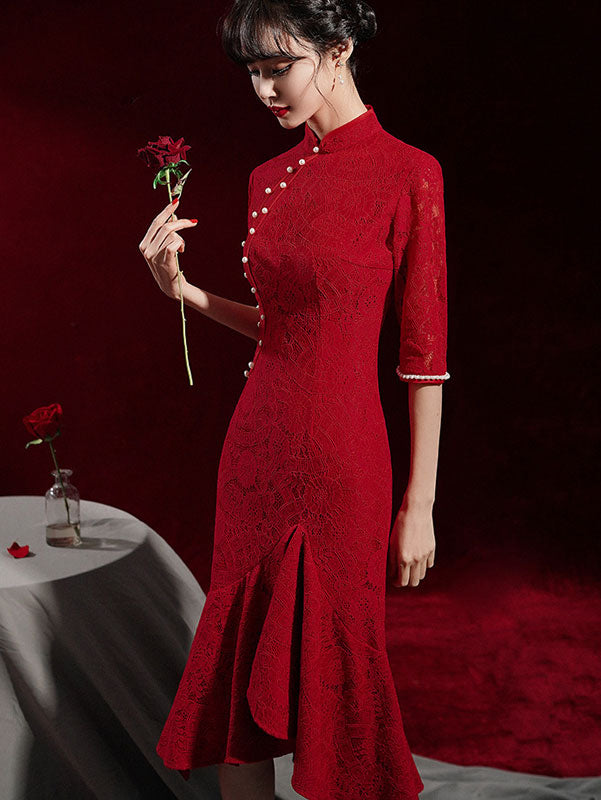 Burgundy Lace Tea Fishtail Wedding Cheongsam Qi Pao Dress