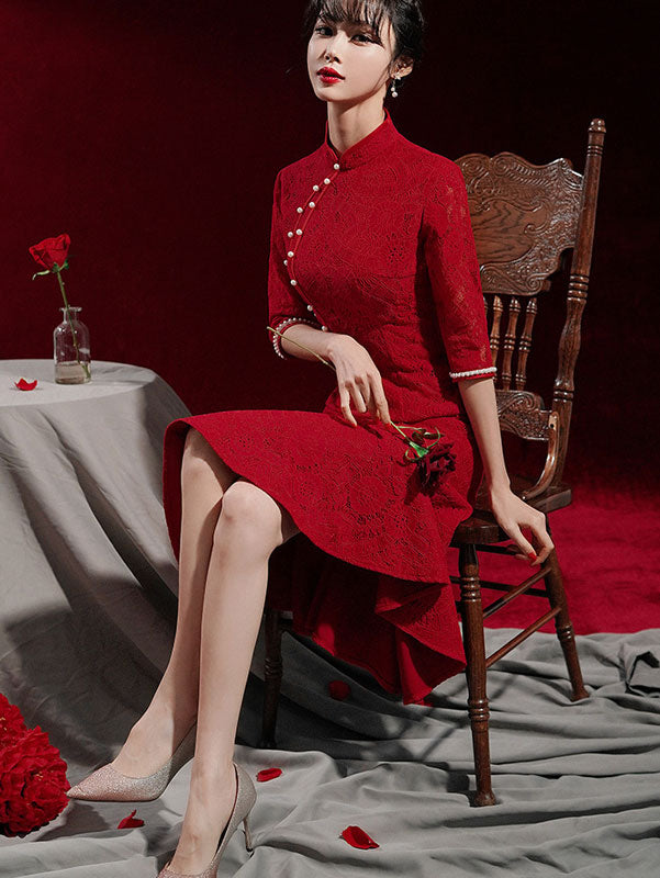 Burgundy Lace Tea Fishtail Wedding Cheongsam Qi Pao Dress