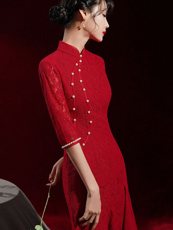 Burgundy Lace Tea Fishtail Wedding Cheongsam Qi Pao Dress