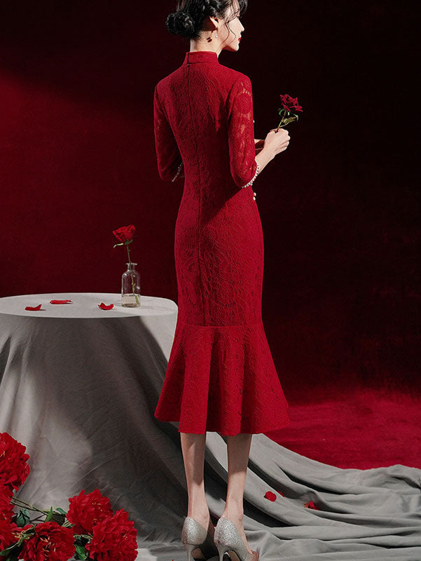 Burgundy Lace Tea Fishtail Wedding Cheongsam Qi Pao Dress