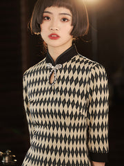 2022 Winter Knitted Plaid Qi Pao Cheongsam Dress