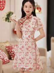Floral Lace Flutter Sleeve A-line Cheongsam Qi Pao Dress