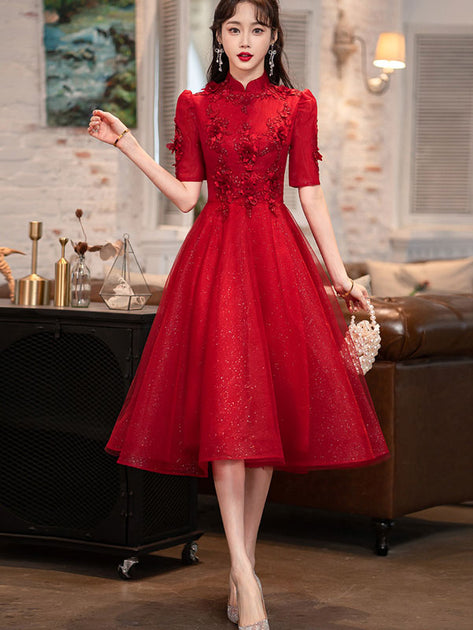 Blue A-line Qipao Cheongsam Party Dress with Butterfly Appliques