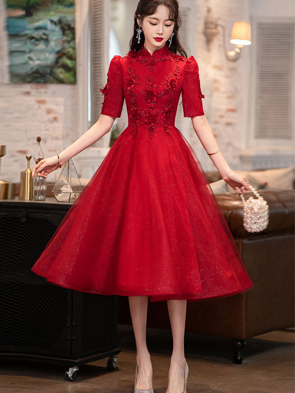 Red Appliques A-Line Tulle Cheongsam Qi Pao Dress