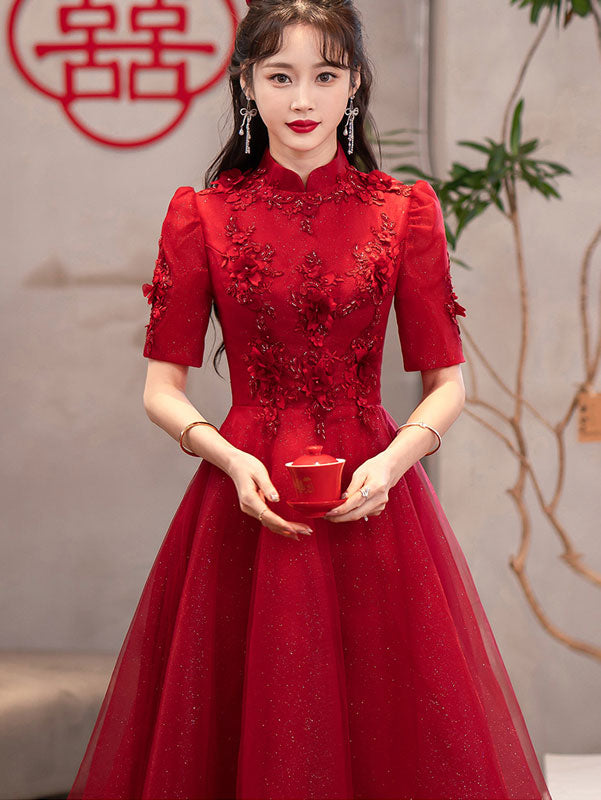 Red Appliques A-Line Tulle Cheongsam Qi Pao Dress