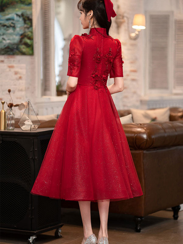 Red Appliques A-Line Tulle Cheongsam Qi Pao Dress