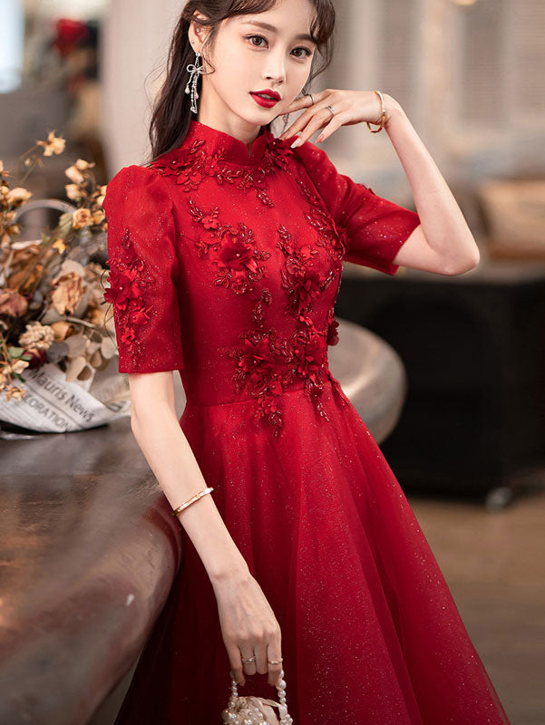 Red Appliques A-Line Tulle Cheongsam Qi Pao Dress