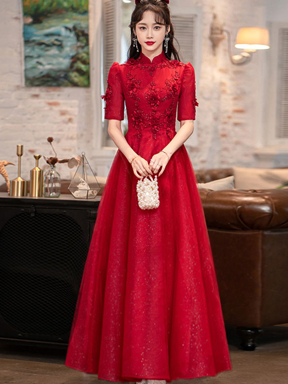 Red Appliques A-Line Tulle Cheongsam Qi Pao Dress