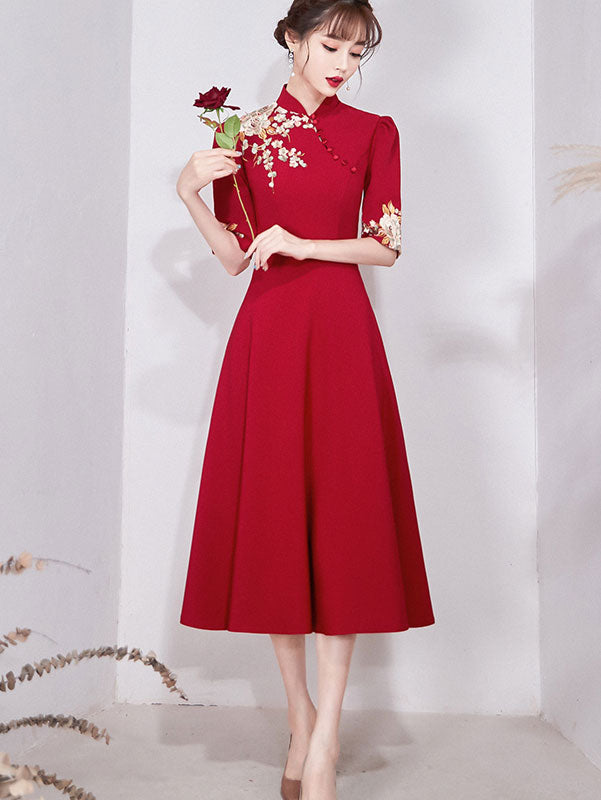 Embroidered Floral A-Line Tea Wedding Cheongsam Qi Pao Dress