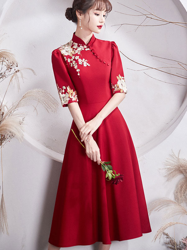 Embroidered Floral A-Line Tea Wedding Cheongsam Qi Pao Dress