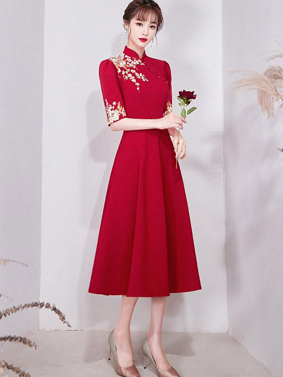 Embroidered Floral A-Line Tea Wedding Cheongsam Qi Pao DressEmbroidered Floral A-Line Tea Wedding Cheongsam Qi Pao Dress