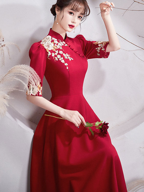 Embroidered Floral A-Line Tea Wedding Cheongsam Qi Pao Dress