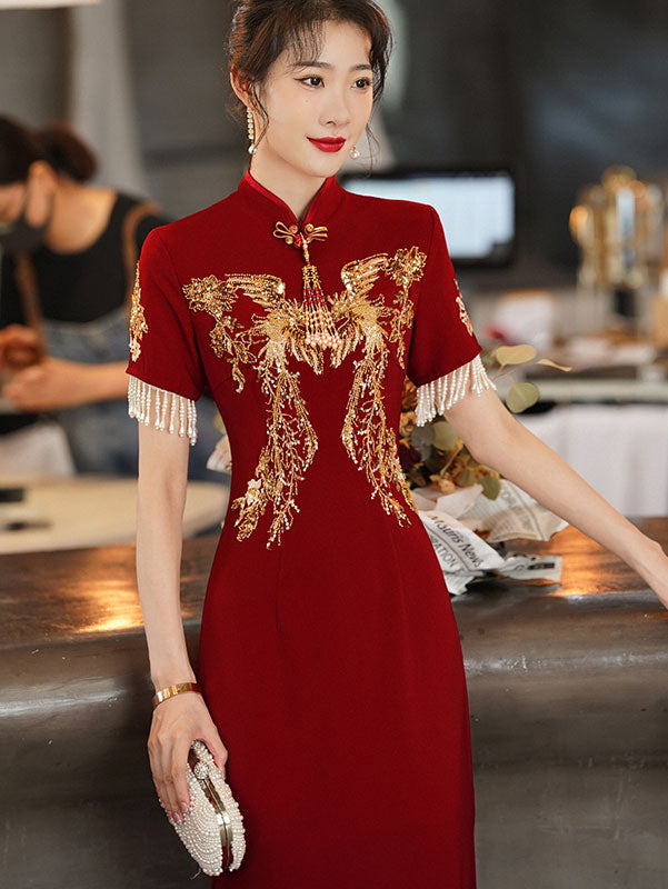 Burgundy Beaded Tea Wedding Cheongsam Qi Pao Dress