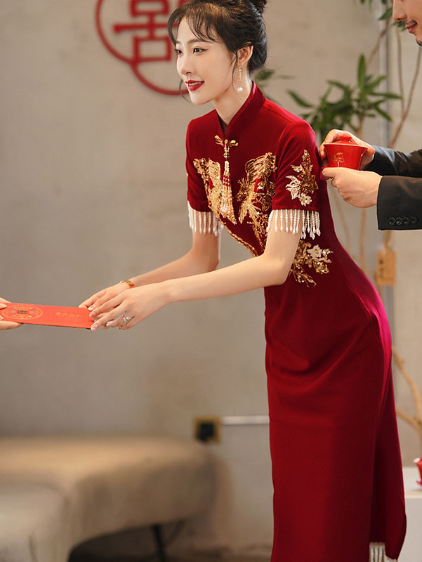 Burgundy Beaded Tea Wedding Cheongsam Qi Pao Dress