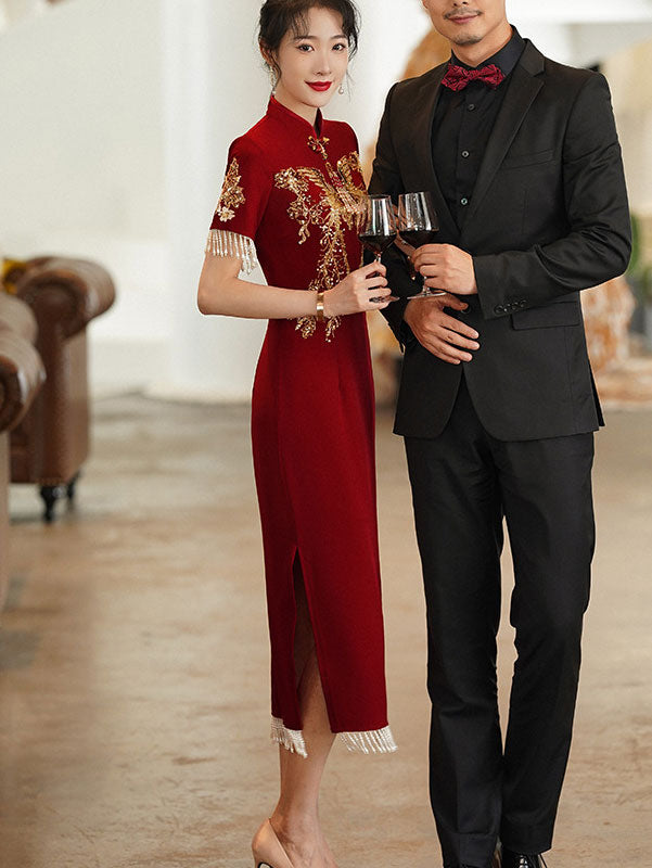 Burgundy Beaded Tea Wedding Cheongsam Qi Pao Dress