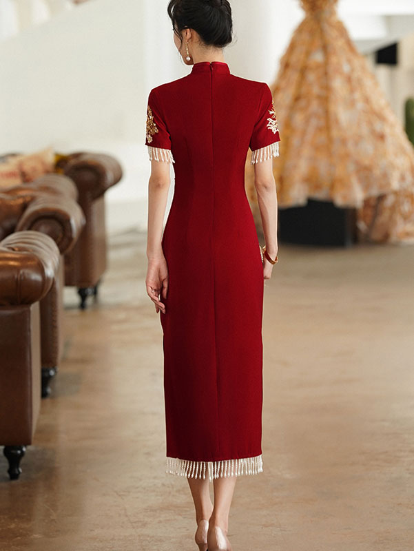 Burgundy Beaded Tea Wedding Cheongsam Qi Pao Dress