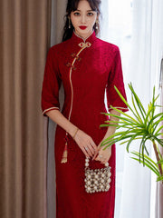 Burgundy Lace Beaded Tea Wedding Cheongsam Qi Pao Dress