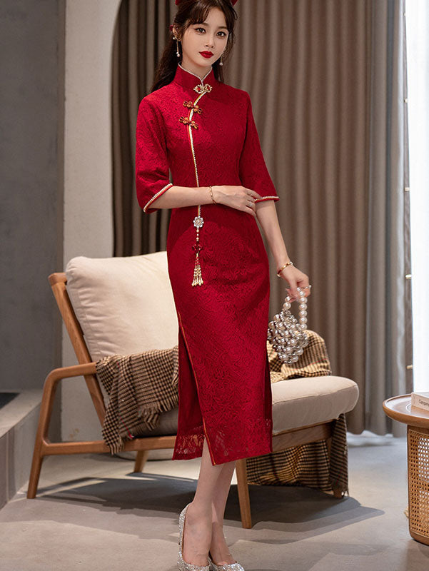 Burgundy Lace Beaded Tea Wedding Cheongsam Qi Pao Dress