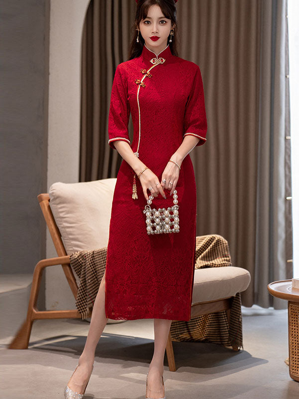Burgundy Lace Beaded Tea Wedding Cheongsam Qi Pao Dress