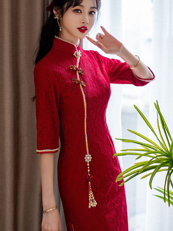 Burgundy Lace Beaded Tea Wedding Cheongsam Qi Pao Dress