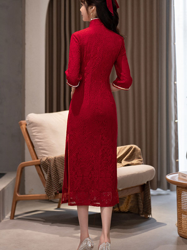 Burgundy Lace Beaded Tea Wedding Cheongsam Qi Pao Dress