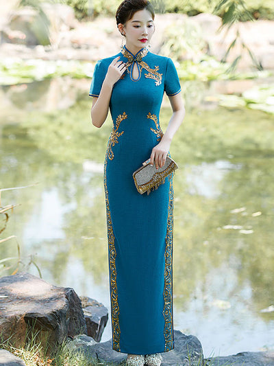 Blue Purple Sequined Maxi Cheongsam Qi Pao Dress