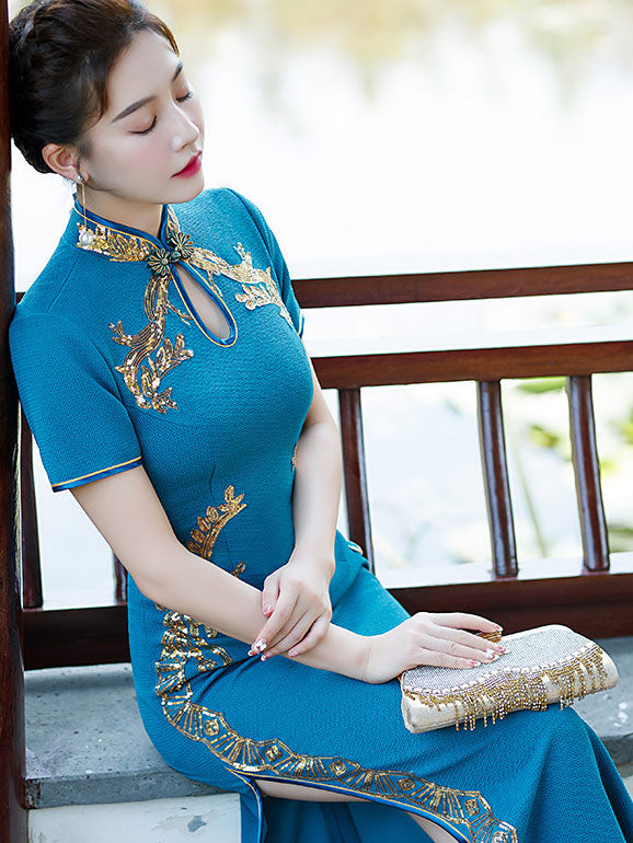 Blue Purple Sequined Maxi Cheongsam Qi Pao Dress