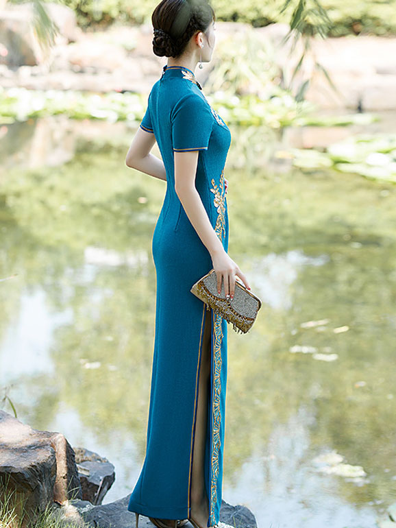 Blue Purple Sequined Maxi Cheongsam Qi Pao Dress