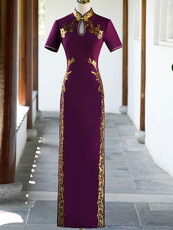 Blue Purple Sequined Maxi Cheongsam Qi Pao Dress