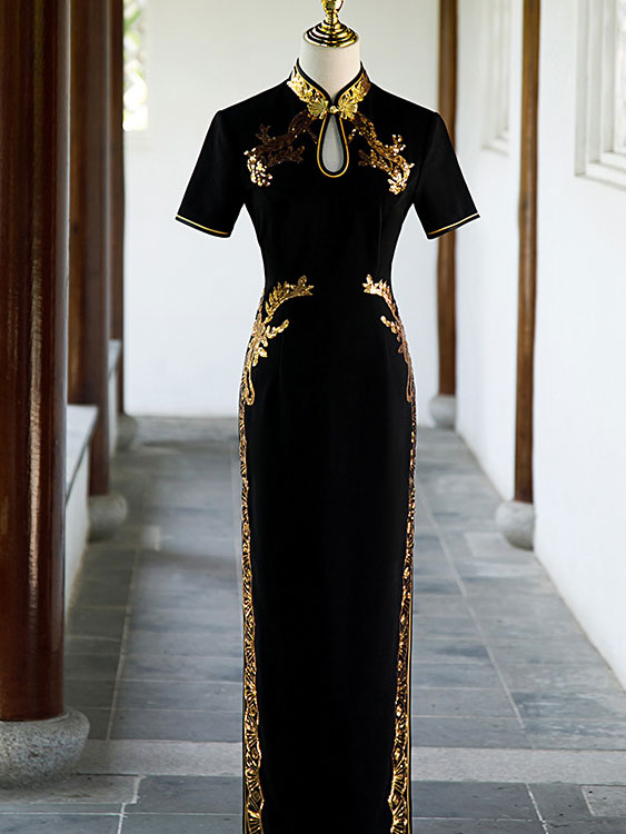 Blue Purple Sequined Maxi Cheongsam Qi Pao Dress