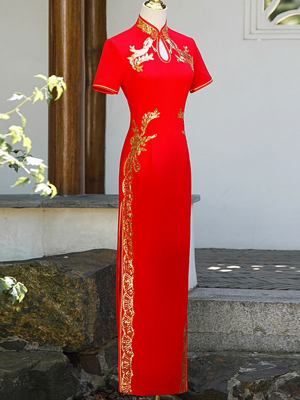 Blue Purple Sequined Maxi Cheongsam Qi Pao Dress