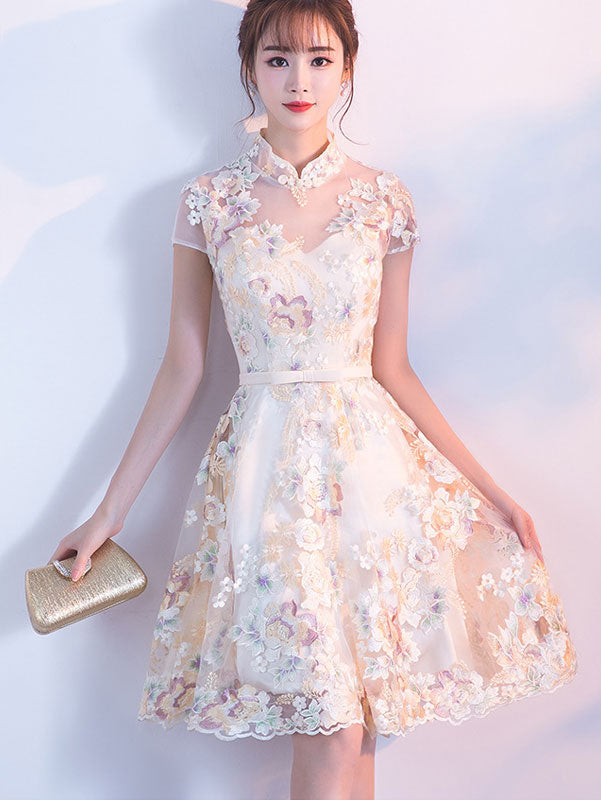 Embroidered Illusion A-line Cheongsam Qi Pao Dress
