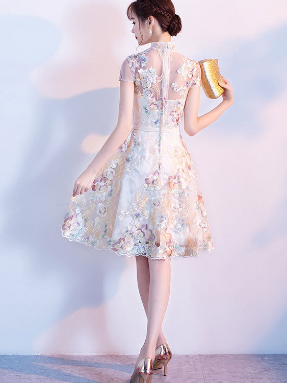 Embroidered Illusion A-line Cheongsam Qi Pao Dress