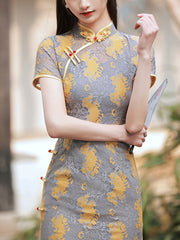 Gray Floral Lace Tea Qi Pao Cheongsam Dress
