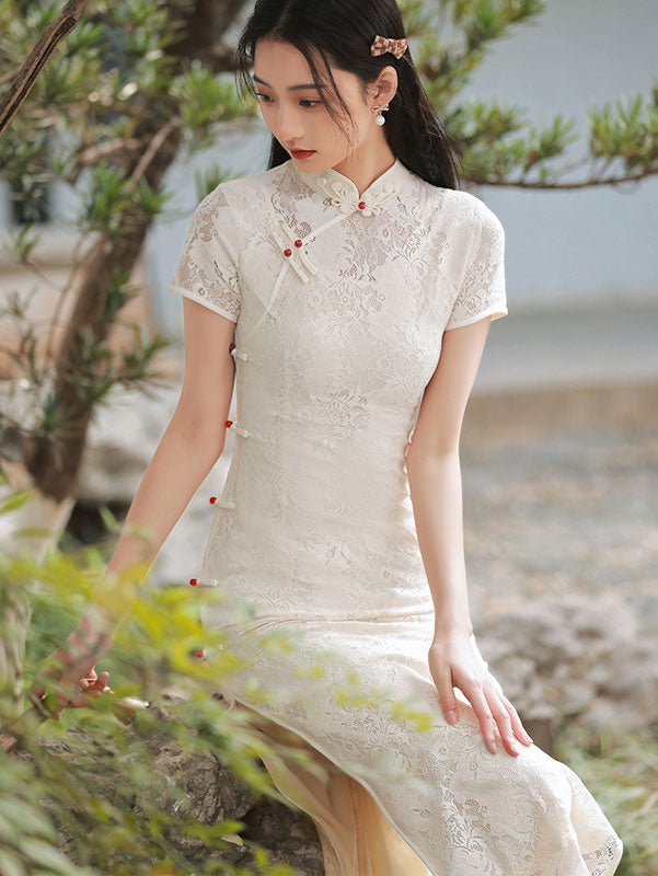 White Floral Lace Tea Qi Pao Cheongsam Dress