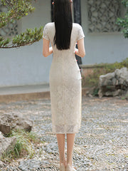 White Floral Lace Tea Qi Pao Cheongsam Dress