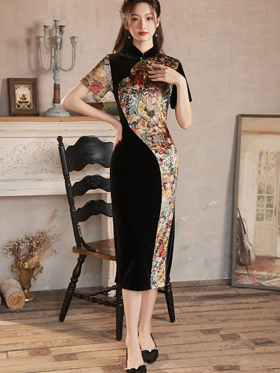 Color-block Floral Velvet Mid Cheongsam Qi Pao Dress