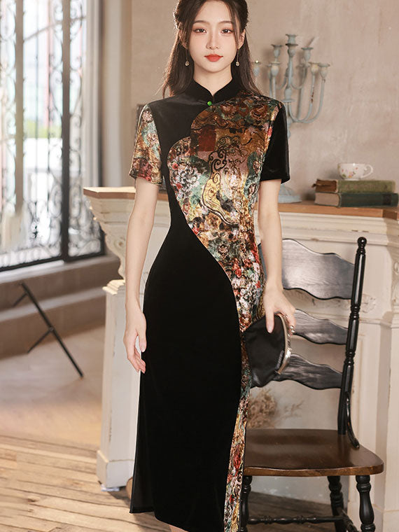 Color-block Floral Velvet Mid Cheongsam Qi Pao Dress