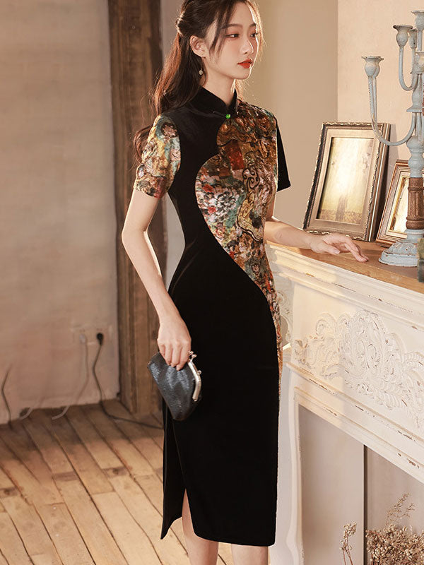 Color-block Floral Velvet Mid Cheongsam Qi Pao Dress