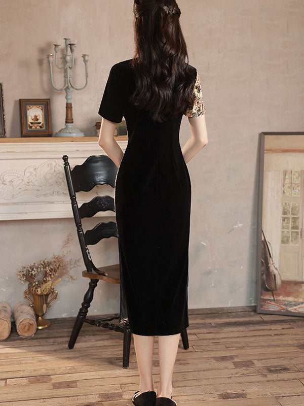 Color-block Floral Velvet Mid Cheongsam Qi Pao Dress