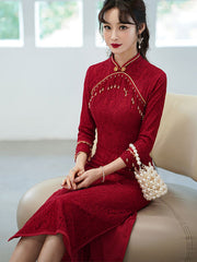 Burgundy Lace Wedding Cheongsam Qi Pao Dress with Beads